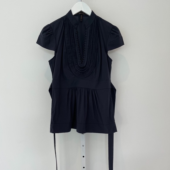 BCBG NAVY BLUE COTTON CAP SLEEVE BELTED COTTON TOP SMALL - Picture 7 of 16